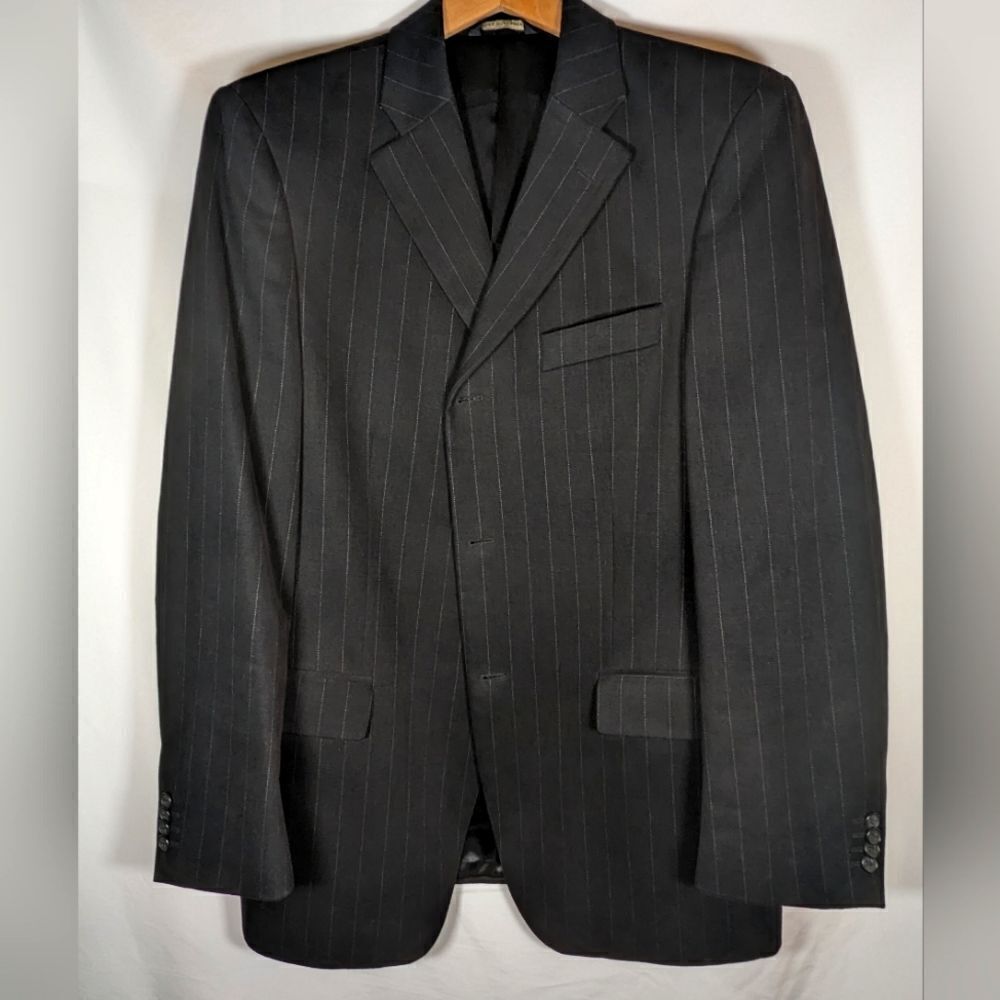 Banana Republic Double Breasted Black Pinstriped 99% Cotton Blazer Size 42R